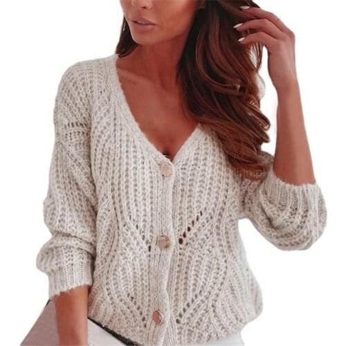 Ribbed Cuff Sweater Single-Breasted LongSleeve Sweater Cardigan Autumn Winter V-Neck Hollow Knitted Coat Outerwear Plus Size New