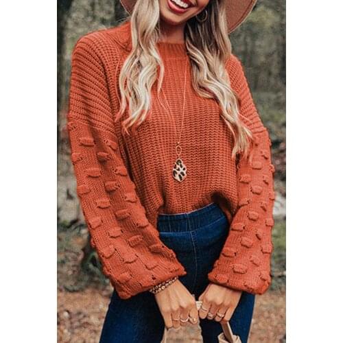 Brown Bubble Sleeve Cropped Knit Sweater Women Autumn Winter Long Lantern Sleeve Fashion Casual Knit Sweater Tops