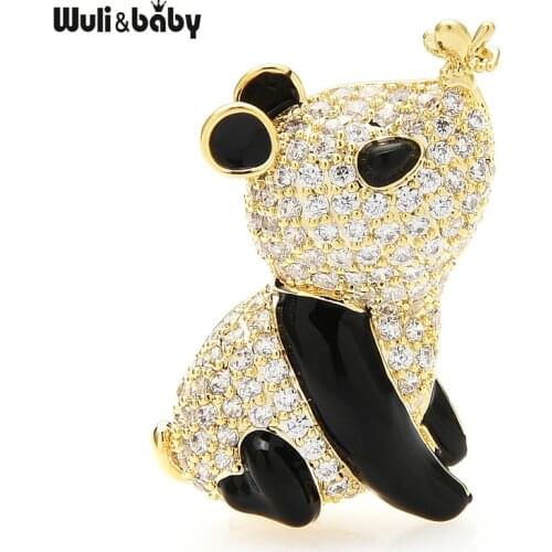 Wuli&baby Cute Playing Panda Brooches Women Unisex Cubic Zircon Butterfly Panda Animal Collar Brooch Pins Gifts