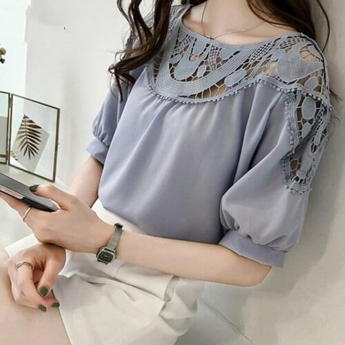 Nova VerAo 2018 Sexy Moda Manga Curta Blusa Mulheres Camisas Chiffon Oco Out Roupas Femininas Plus Size