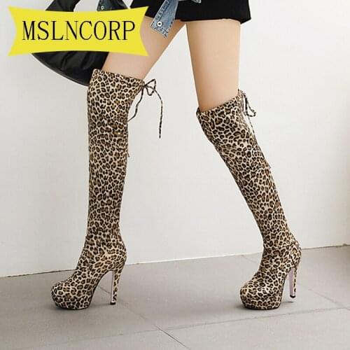 Big Size 34-48 Lady Sexy Over Knee Leopard Print Thigh High Boot Women Autumn Fashion Thin High Heels Platform Women Shoes Woman
