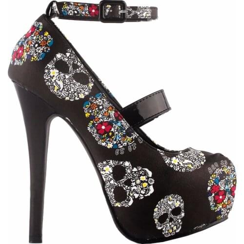 LF80873 Women Sexy Skull Print Ankle Strap Platform Stiletto Heel Dress Pumps