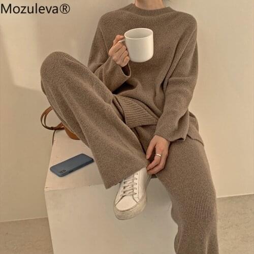 Mozuleva Casual Loose 2 Pieces Knitted Set Women O-neck Long Sleeve Sweater & Long Trouser 2021 Autumn Winter Sweater Set Women
