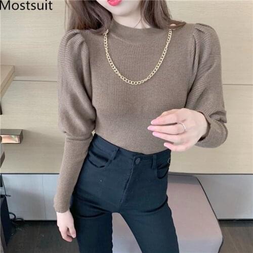 Chain Knitted Slim Sweater Pullover Women Full Sleeve Stand Collar Solid Korean Ladies Jumpers Tops Femme 2021