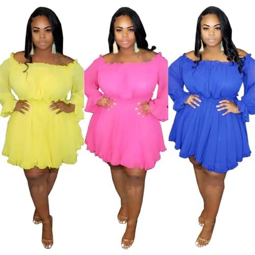 Adogirl Solid Off Shoulder Long Sleeve Plus Size Women Flare Dress