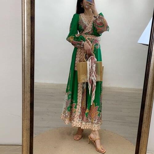 Maxi Sexy V-Neck Beach Dress High Street Lantern Sleeve Belt Vacation Clothes For Women Floral Print Boho Long Dress