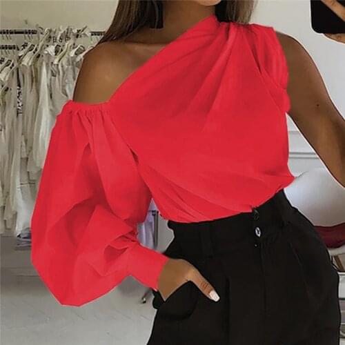 Fashion Women Lantern Sleeves Blouse Sexy One Shoulder Skew Collar Tops Streetwear Female Solid Color Shirt