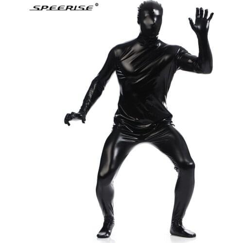 Adult Full Body Black Zentai Shiny Metallic Catsuit Spandex Zentai for Women Full Body halloween Men Cosplay Costume