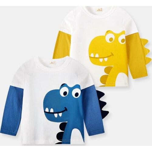 Boys T-shirts Spring and Autumn Childrens Clothing Fashion Cartoon Dinosaur Cute Long Sleeve Pure Cotton Kids Tops
