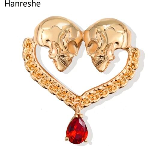 Hanrese Personalized Skull Heart Bone Medical Brooch Pins Silver Plated Metal Red Crystal Lapel Badge Jewelry Gift Accessories