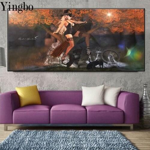 Halloween Witch and her black cat Diamond Embroidery Full Square Diamond Painting Mosaic Rhinestone Beaded Handmade Gift