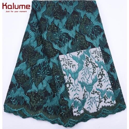 Kalume Green African Beads Lace Fabric Latest French Mesh Lace Fabric With Stone Nigerian Tulle Lace Fabric For Party Dress 2056