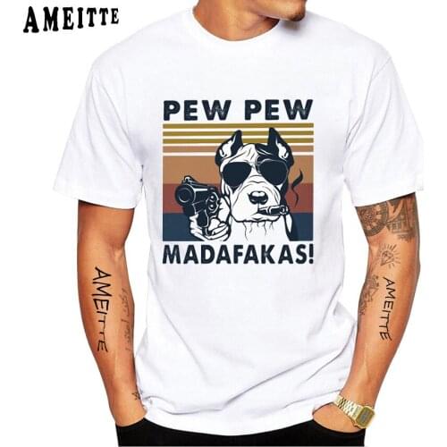 Hipster Cool Bulldog Smoking Pew Pew Madafakas T-Shirt Mens Classic Pet Dog Design Casual Tops Streetwear Boy White Tee