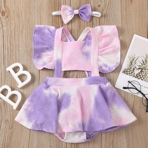 Newborn Infant Baby Girls Ruffle Tie-dye Ribbed Romper Dresses Bodysuit Clothes Show Waist One-pieces Jumpsuit Baby Soft Clothes
