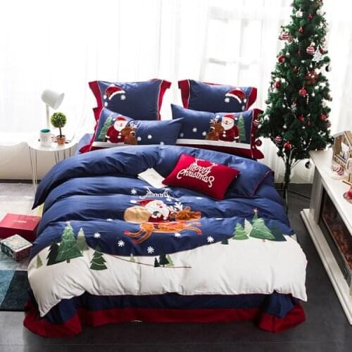Santa Claus embroidery bedding set Christmas Bed Linen Egyptian cotton bedding sheet duvet cover pillowcases twin Queen size