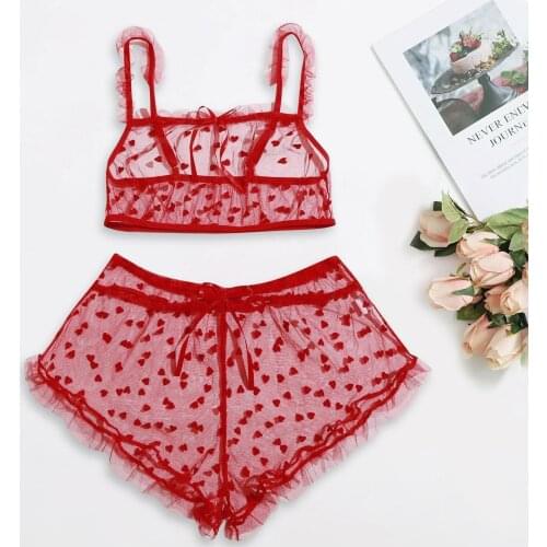 Love Heart Embroidery Sexy Lingerie Set Women Exotic Underwear Transparent Mesh Crop Top Shorts Sets Valentines Day Nightwear