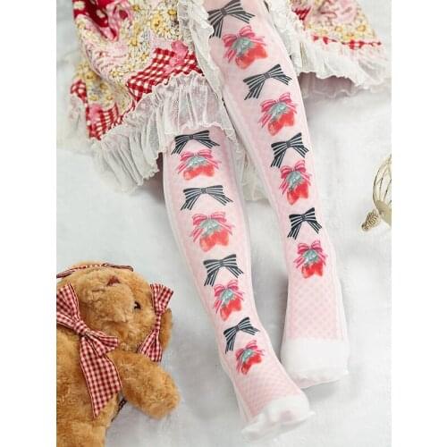 Sweet pink lolita stockings bow-knot print thigh-high 100D Velvet