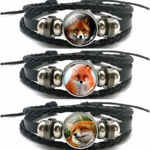Cute Red Fox Bracelet Glass Dome Black Leather Punk Bracelet Jewelry Fashion Men and Women Accessories Gift for Animal Lovers
