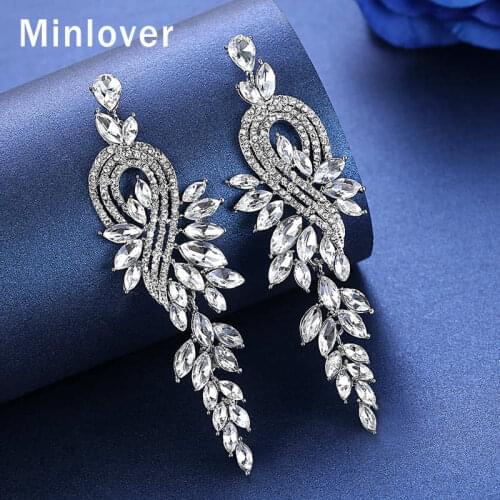 Minlover Luxury Leaf Rhinestone Long Dangle Clip On Earrings Without Piercing for Women Wedding Party Prom Ear Clips Gift MEH946