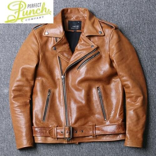 Genuine Leather Men 100% Clothes 2021 Wax Sheepskin Coat Spring Autumn Biker Motorcycle Jacket Short Vintage 1816 KJ5708