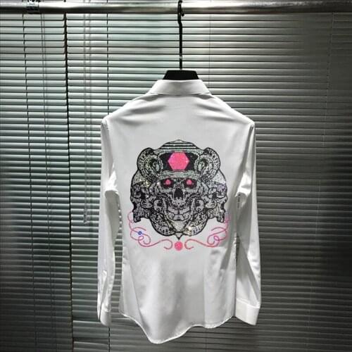 2021 British Fashion Mens Shirt Skull Hot Rhinestones Exaggerated Personality Top Quality Street Trend Long Sleeve