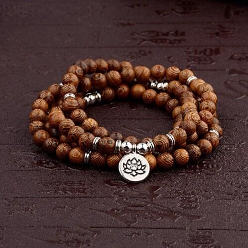 DOUVEI Wood Beads OM Lotus Charm Bracelet Men Bileklik Tibetan Buddhist Mala Buddha Bracelet Yoga Rosary For Women Men Necklace