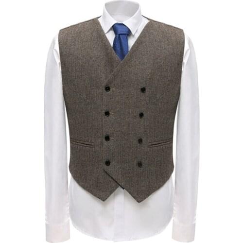 Mens Business Suit Vest Double Breasted Herringbone Pattern Wool Waistcoat For Groomsmen Wedding Prom Evening Formal Vest