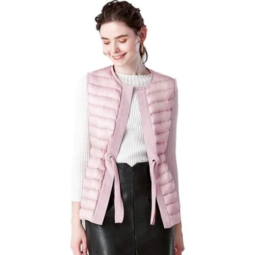 Autumn Winter Belt Thin Sleeveless Down Coat Elegant O-Neck Adjustable Waist Down Jackets Sweet Slim korean womens coats winter