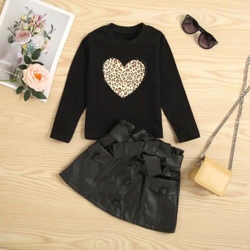 Ma&Baby 1-6Y Autumn Kid Girls Clothes Set Love Heart Leopard Long Sleeve Tops Bow Pu Skirts Outfits Fashion Children Costume
