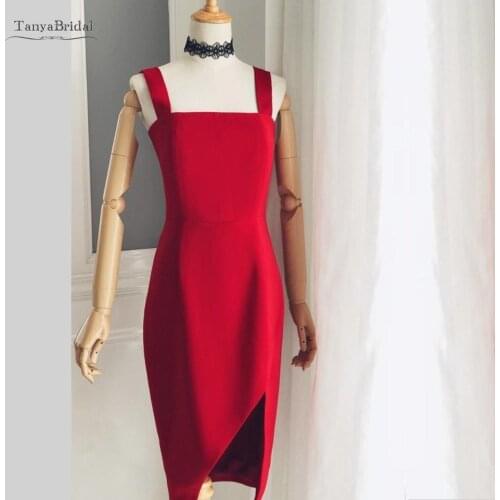 Red Satin Bridesmaid Dresses Simple Straight Formal Young Lady Slit Front Wedding Guest Party Dress Real Photo JQ635