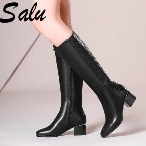 Salu The Knee Boots Female Genuine Leather Heels Black Thigh High Boots Round Toe Autumn Winter Boots Women Shoes Size 11 12