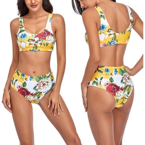 Sexy High Waist Swimsuit Women Flower Printing Bikini Sets Push Up Padded Bra Swimwear Female Summer Beachwear Biquini