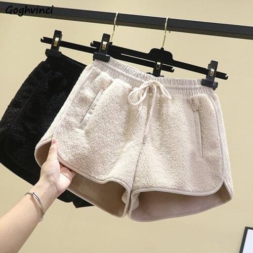 Shorts Women Solid drawstring Loose Korean Style All-match Vintage Elegant Winter Ladies lambswool Warm Stylish High Street Chic