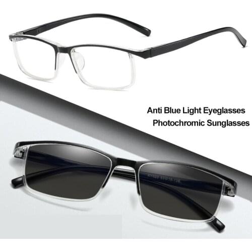 Photochromic UV Sunglasses Anti Radiation Blue Ray Filter Rectangle Full Rim Eyeglasses For Men Women Transition Male Discolored