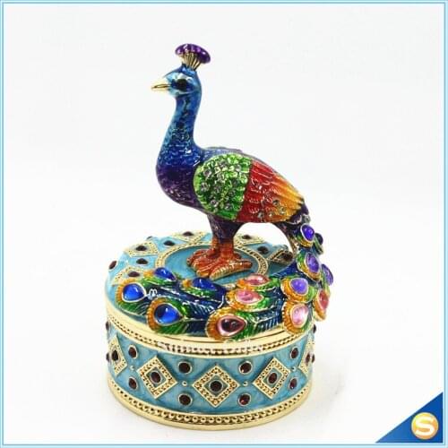 Wedding Favor Peacock Figurine Box Czech Crystals Bird Jewelry, Trinket Keepsake or Pill Box FIGURINE