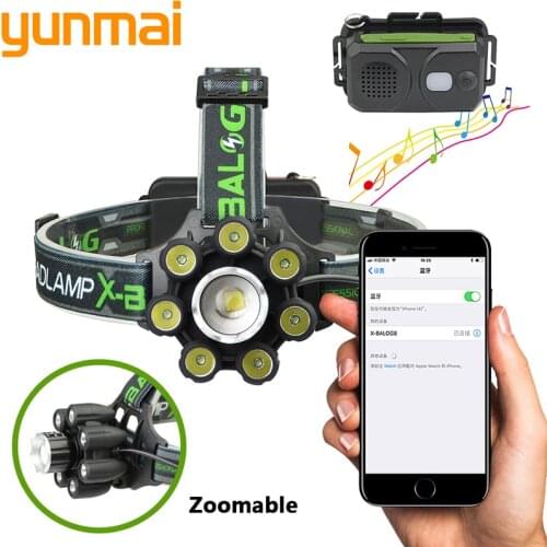 Smart LED headlight night running Bluetooth speaker XM-L T6 headlight 8000 lumens zoom USB rechargeable18650 battery flashlight
