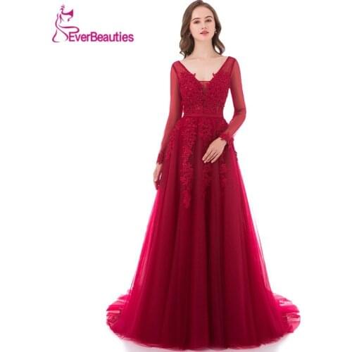 Wine Red Evening Dress Long 2020 Tulle with Lace Appliqued Long Sleeves Elegant V Neck Robe De Soiree Abiye Sexy Backless
