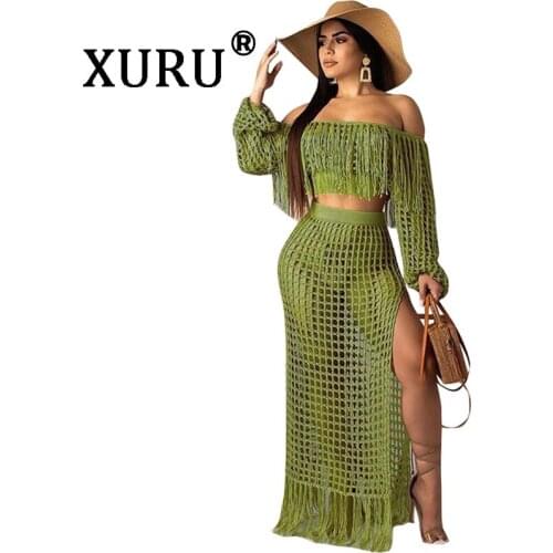 XURU Summer New Womens Sexy Fringe Dress Two-piece Casual Mesh Long Sleeve Beach Dress Set