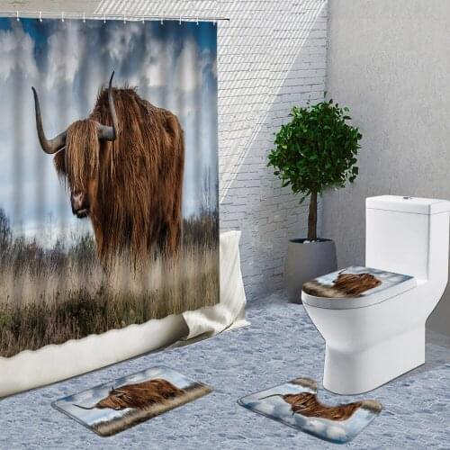 Animal Shower Curtain Highland Cattle Tiger Swan Wild Beast 3D Curtains Fabric Washable 4 Set Bath Mats Rugs Toilet Cover Pad