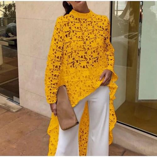 Women Lace Hollow Out Shirts Long Sleeve Irregular Stand Collar Female Loose Blouses 2019 Summer Lady Elegant Solid Beach Tops