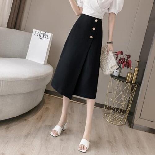 Women 2021 Summer New Fashion Solid Color Slim Skirts Female High Waist Split Skirts Ladies Mid-long Thin A-line Skirts E272