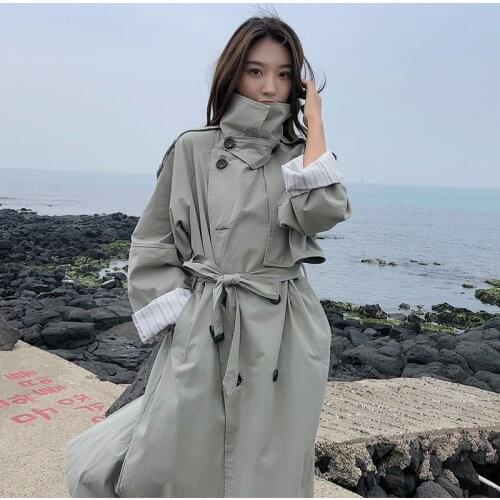 Plus Size Women Long Trench Coats Korean 2021Spring Autumn Elegant Double-Breasted Belted Long Windbreaker Jacket Loose Overcoat