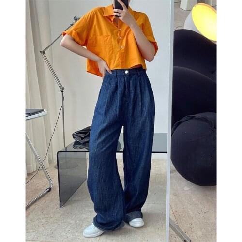 2021 New Summer Casual Ladies Wide Leg Jeans Loose High Quality Women Bottoms Blue Fashion Elegant Female Trousers T40