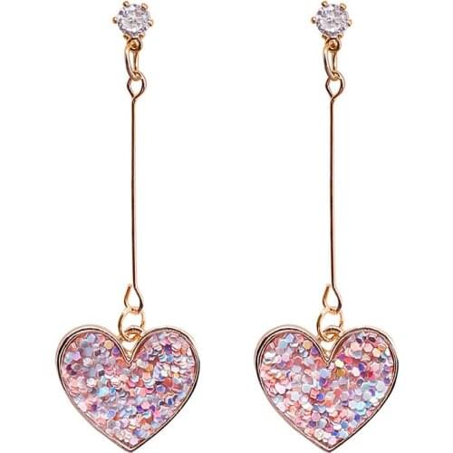 Women Crystal Pink Heart Long Drop Dangle Earrings Ear Studs Jewelry Gift