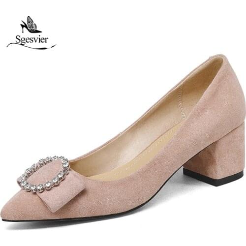 SGESVIER Plus Size 34-43 Women Shoes Red Bowtie Pumps Pointed Toe High Thick Heel Shoes Woman Rhinestone Wedding Shoes OX240