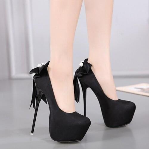 2021 new temperament sexy high-heeled womens shoes black bow shallow mouth thick bottom stiletto single shoes large size 34-45
