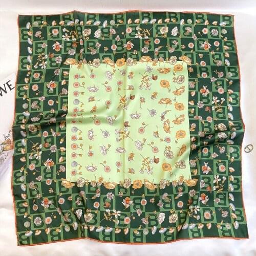 Foulard Satin Scarf Female Silk Designer Head Scarves For Ladies Hand Rolled Hem Scarf 90 Print Green Foulard Luxe
