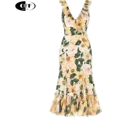 Designer Elegant Ruffles Midi Dresses For Women V-neck Floral Printed Party Dinner Sleeveless Mermaid Dress Vestido de mujer ZA