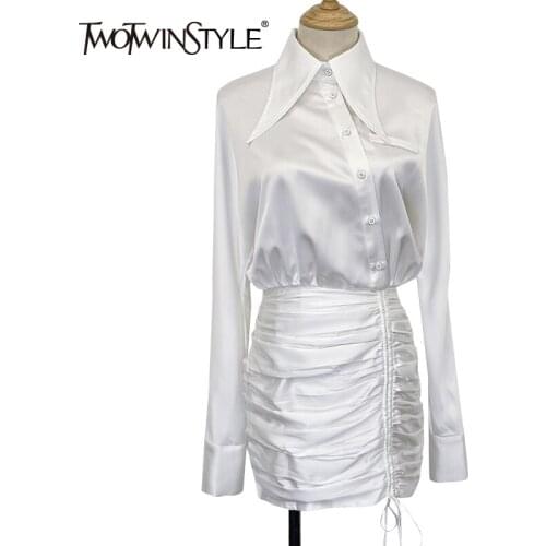TWOTWINSTYLE White Drawstring Slim Dress For Women Lapel Long Sleeve High Waist Ruched Shirt Dresses Female Fashion New Clothes