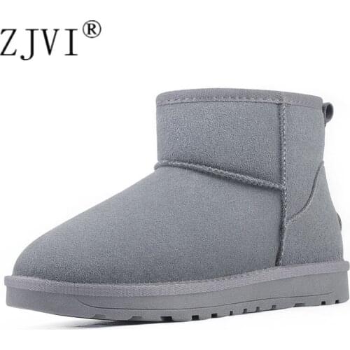 ZJVI 2020 Winter Woman Round Toe Suede Genuine Leather Snow Boots For Women Flat Ankle Boots Gray Black Warm Fur Ladies Shoes